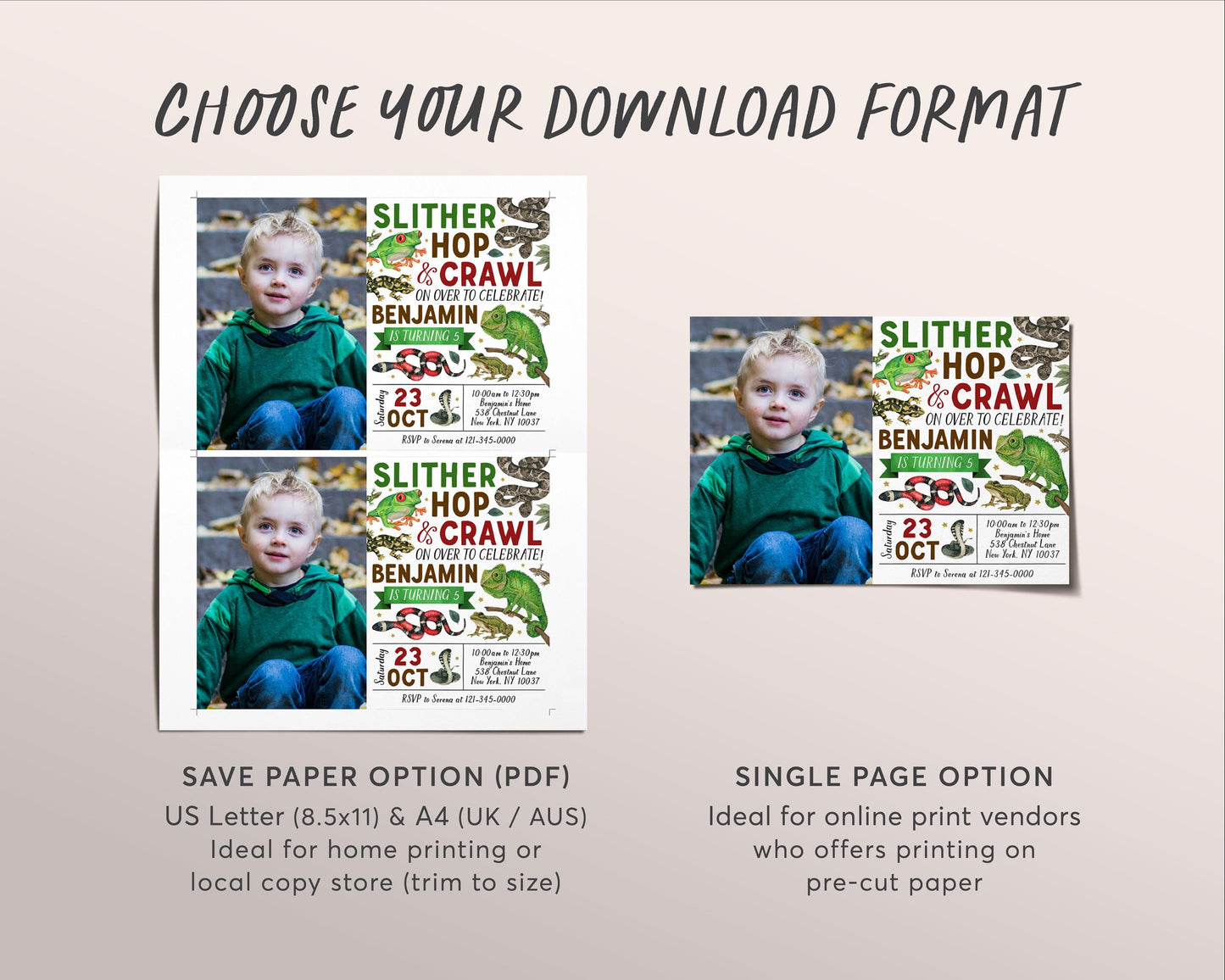 Reptile Birthday Invitation With Photo Editable Template, Boy Slither Hop Crawl Party Invite, Kids Reptiles Creepy Crawly Nature Theme Evite