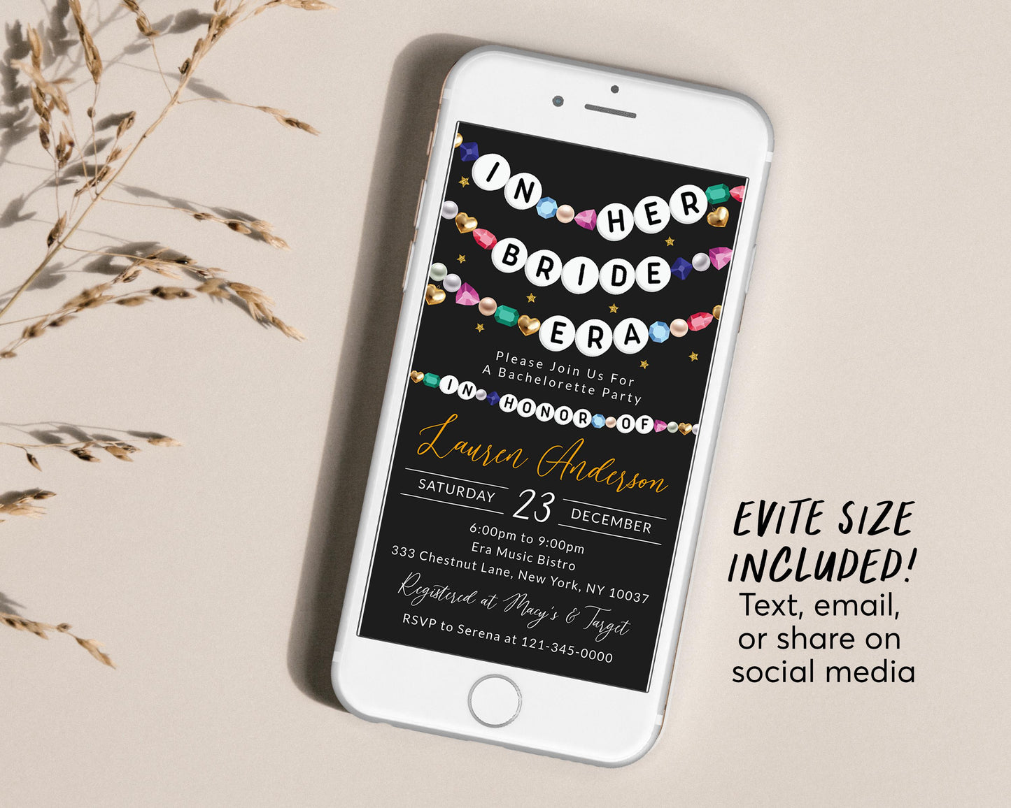 In Her Bride Era Invitation Editable Template, Eras Bridal Shower Party Invite, Bachelorette Party Friendship Bracelet Black Gold Evite