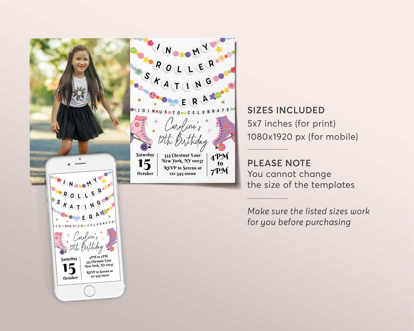 In My Roller Skating Era Birthday Invitation With Photo Editable Template, Skating Rink Friendship Bracelet Party Invite, Eras Skater Evite