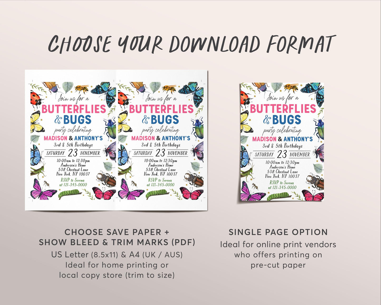 Butterflies and Bugs Joint Siblings Birthday Invitation Editable Template, Twins Girl Boy Butterfly Insect Party Invite, Kids Bug Hunt Evite