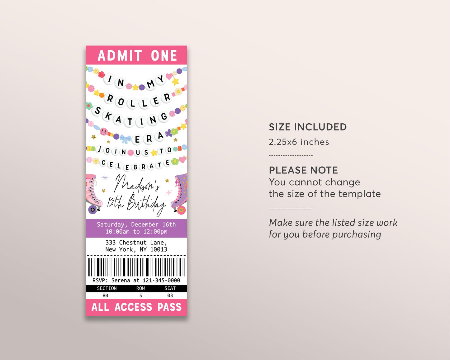 In My Roller Skating Era Ticket Invitation Editable Template, Skating Rink Friendship Bracelet Party Invite, Eras Retro Skater Birthday Era