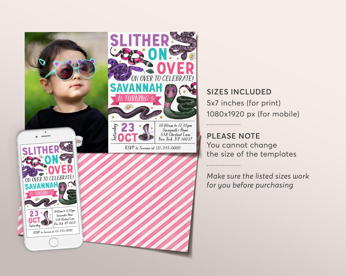 Snake Birthday Invitation With Photo Editable Template, Girl Slither On Over Reptile Show Nature Theme Party Invite, Kids Outdoor Evite