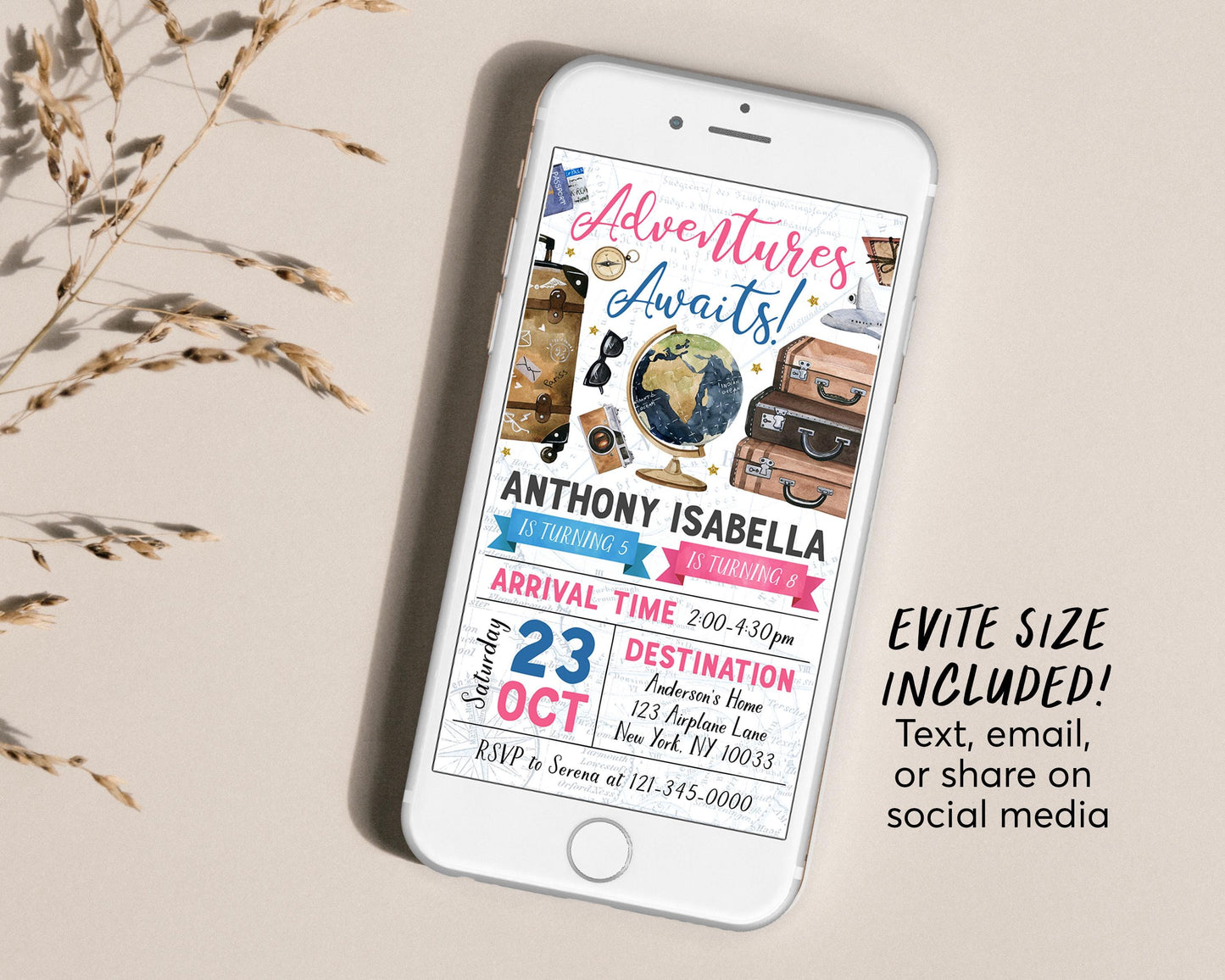 Adventure Awaits Travel Joint Siblings Birthday Invitation Editable Template, Twin Girl Boy Around the World Party Invite, Vintage Map Evite