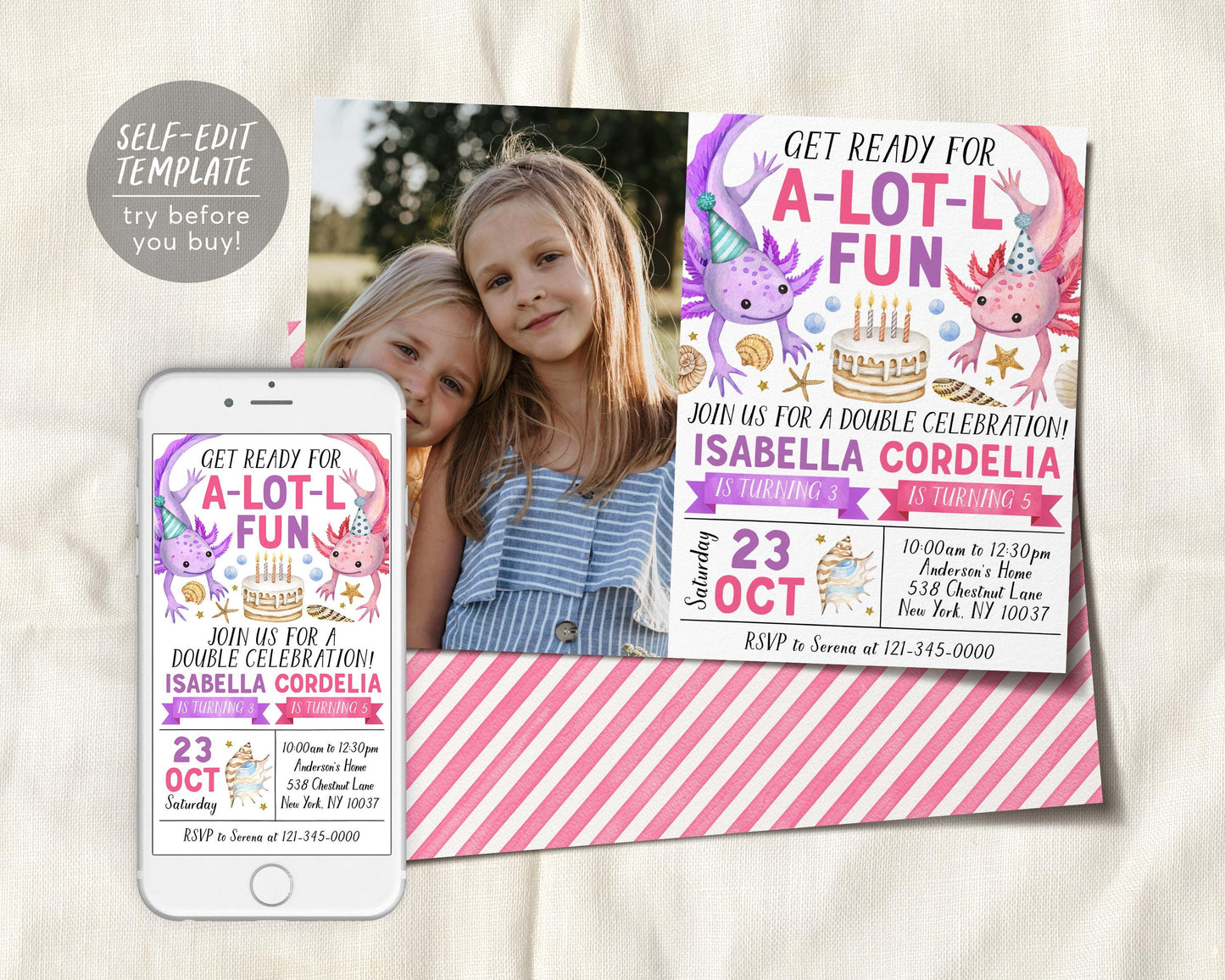 Axolotl Joint Siblings Birthday Invitation With Photo Editable Template