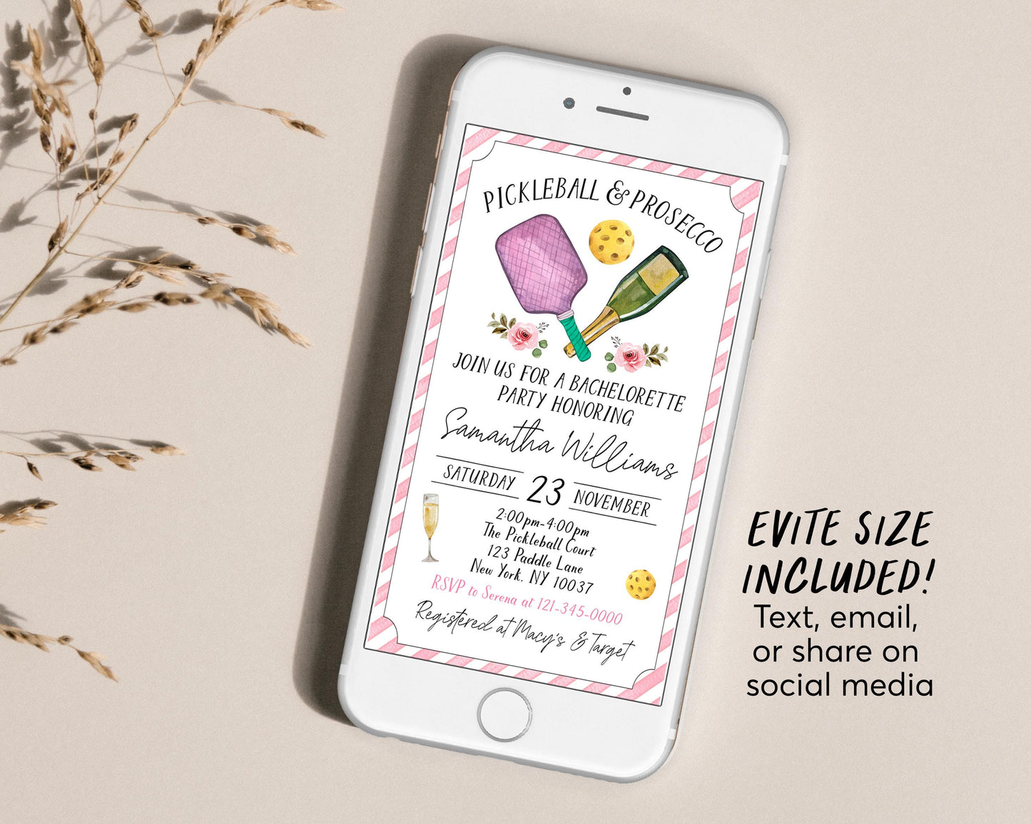 Pickleball and Prosecco Bachelorette Party Invitation Editable Template, Pickle Ball Theme Bridal Shower Invite, Pickle Ball Theme Evite