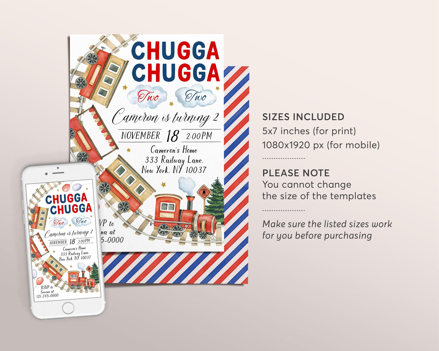 Chugga Chugga Two Two Train Birthday Invitation Editable Template, Chugga Choo Train 2nd Second Birthday Boarding Pass Party Invite Evite