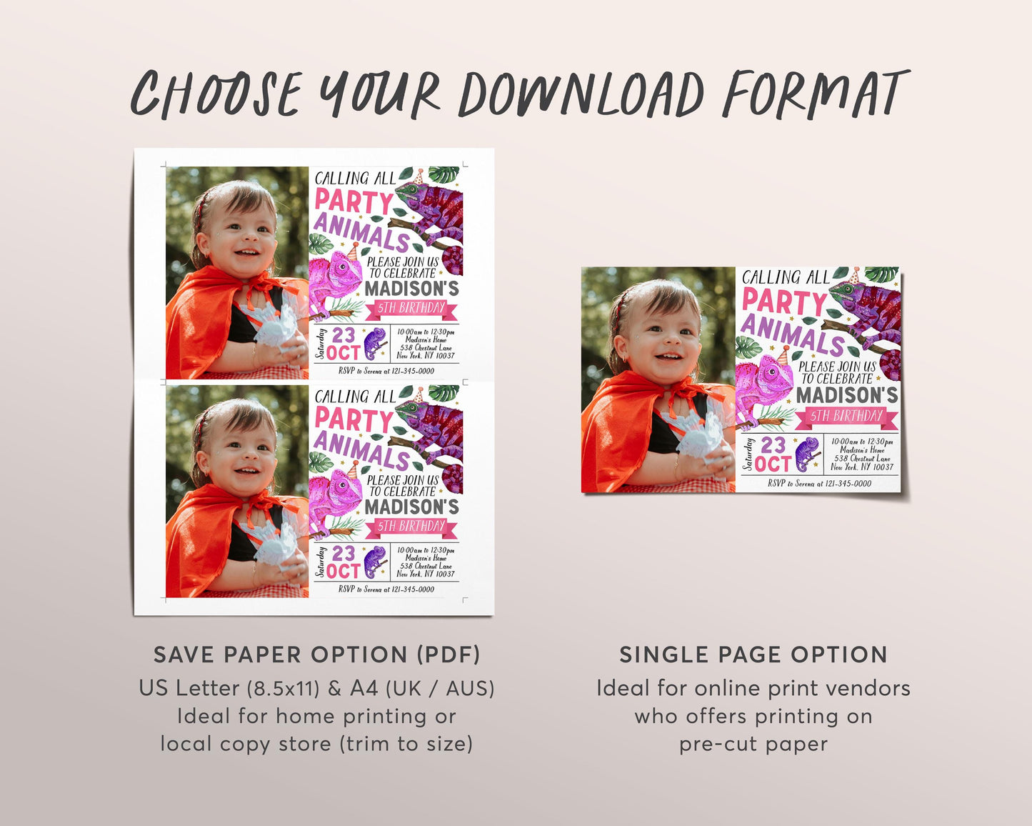 Chameleon Birthday Invitation With Photo Editable Template, Girl Reptile Lizard Party Animal Invite, Chameleons Theme Nature Jungle Evite