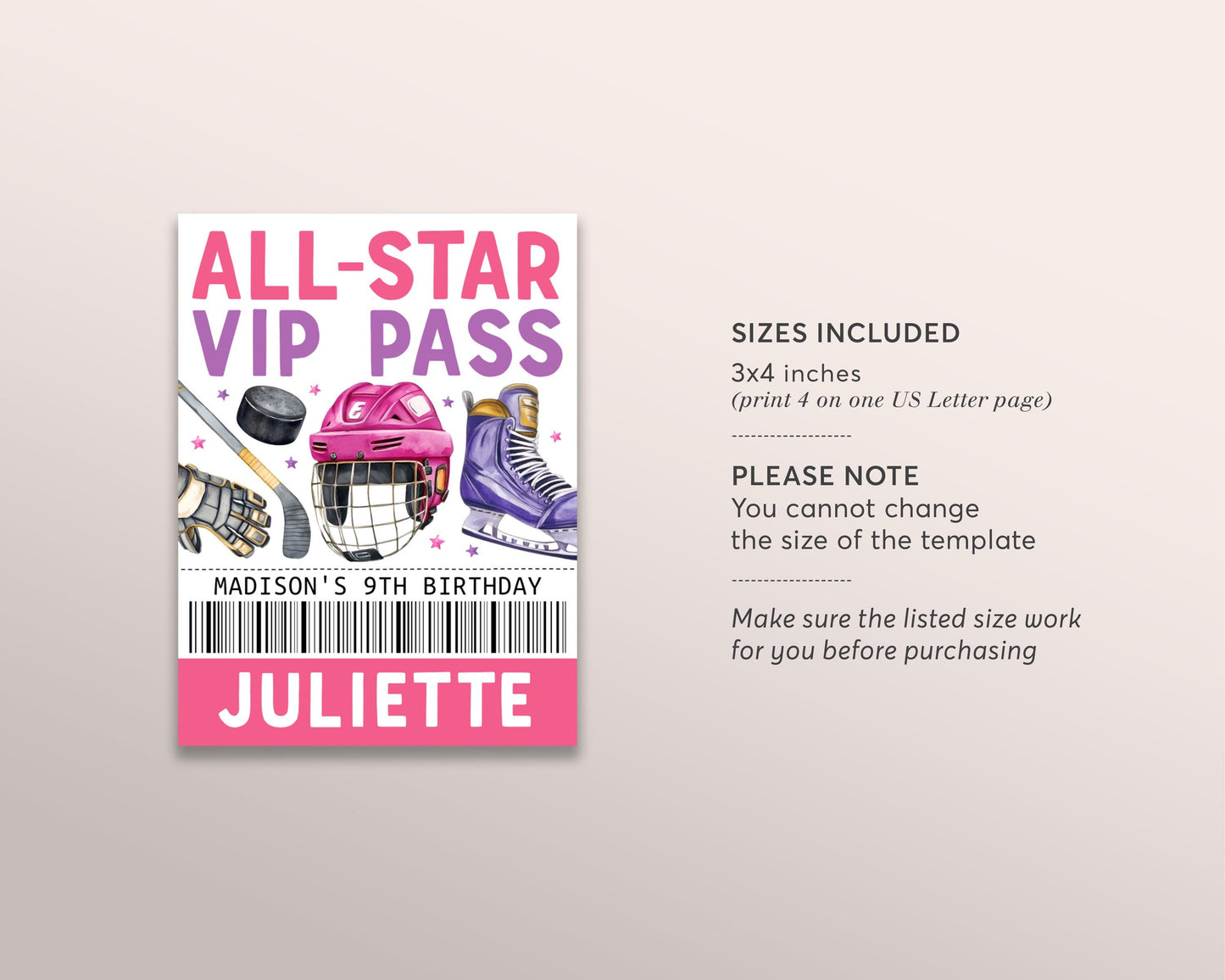 Ice Hockey Birthday All Star VIP Pass Editable Template, Girl Ice Skating Rink Hockey Party All Access Pass, Guest Name Tag Insert ID Badge