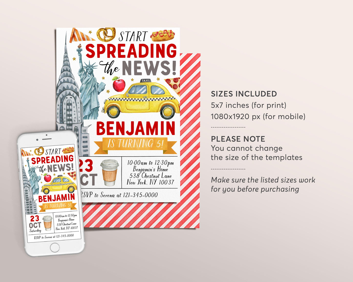 New York City Birthday Invitation Editable Template, Unisex NYC Party Invite, Big Apple Kids Tween Teen Evite, Statue Of Liberty Printable