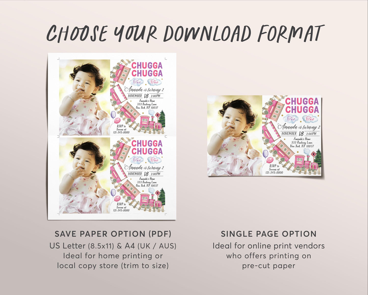 Chugga Two Train Birthday Invitation With Photo Editable Template, Girl Chugga Choo Train 2nd Birthday Boarding Pass Party Invite Evite