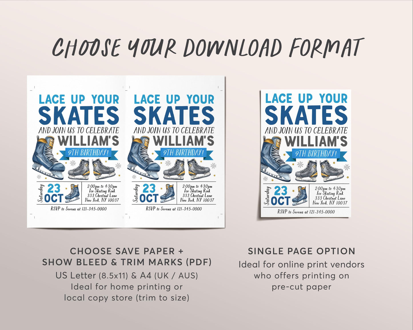 Ice Skating Birthday Invitation Editable Template, Boy Ice Hockey Skating Party Invite, Kids Lace Up Your Skates Sports Skate Rink Evite