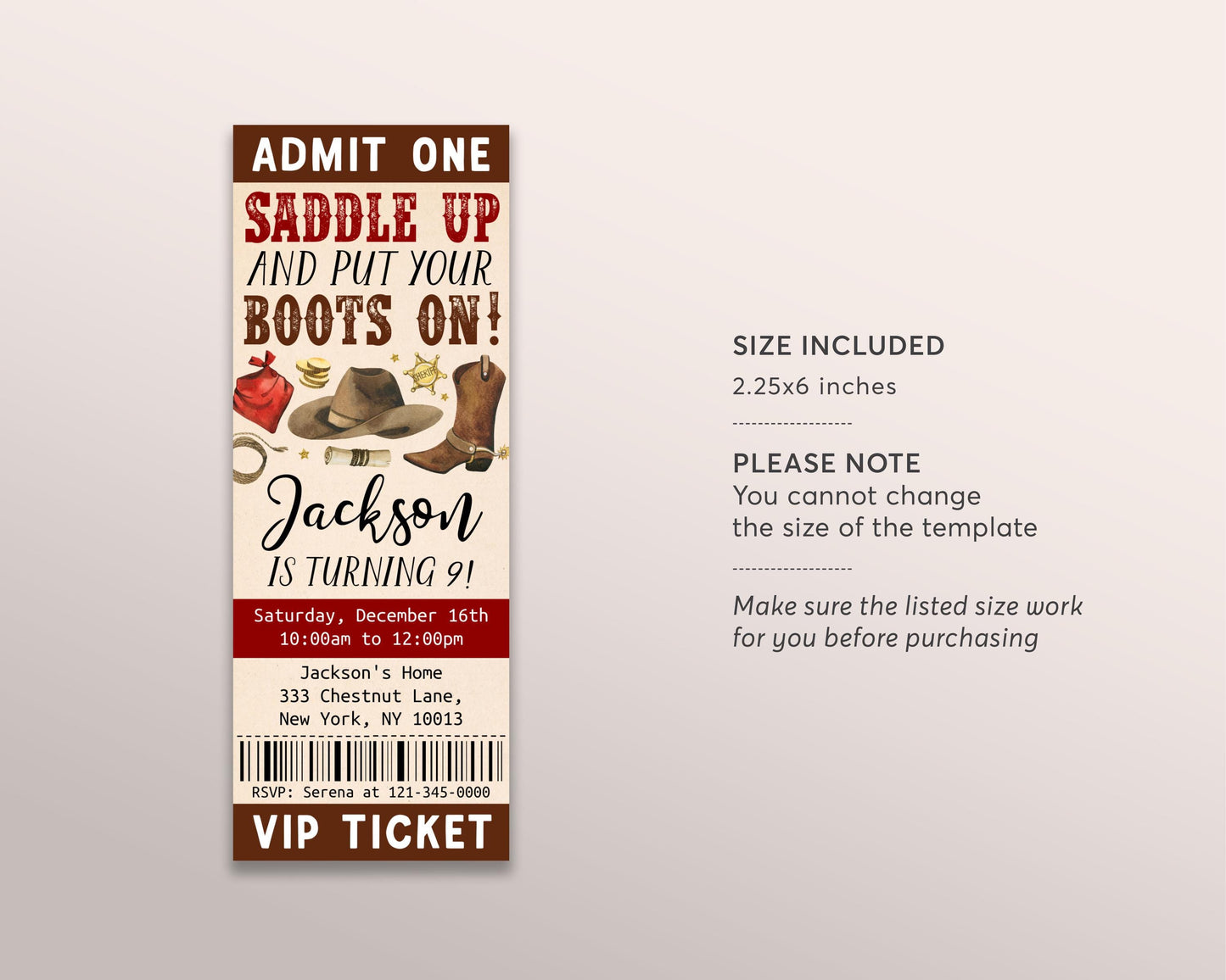 Rodeo Birthday Ticket Invitation Editable Template, Cowboy Country Western Wild West Party Invite, Boy Saddle Up Ranch Southwestern Evite