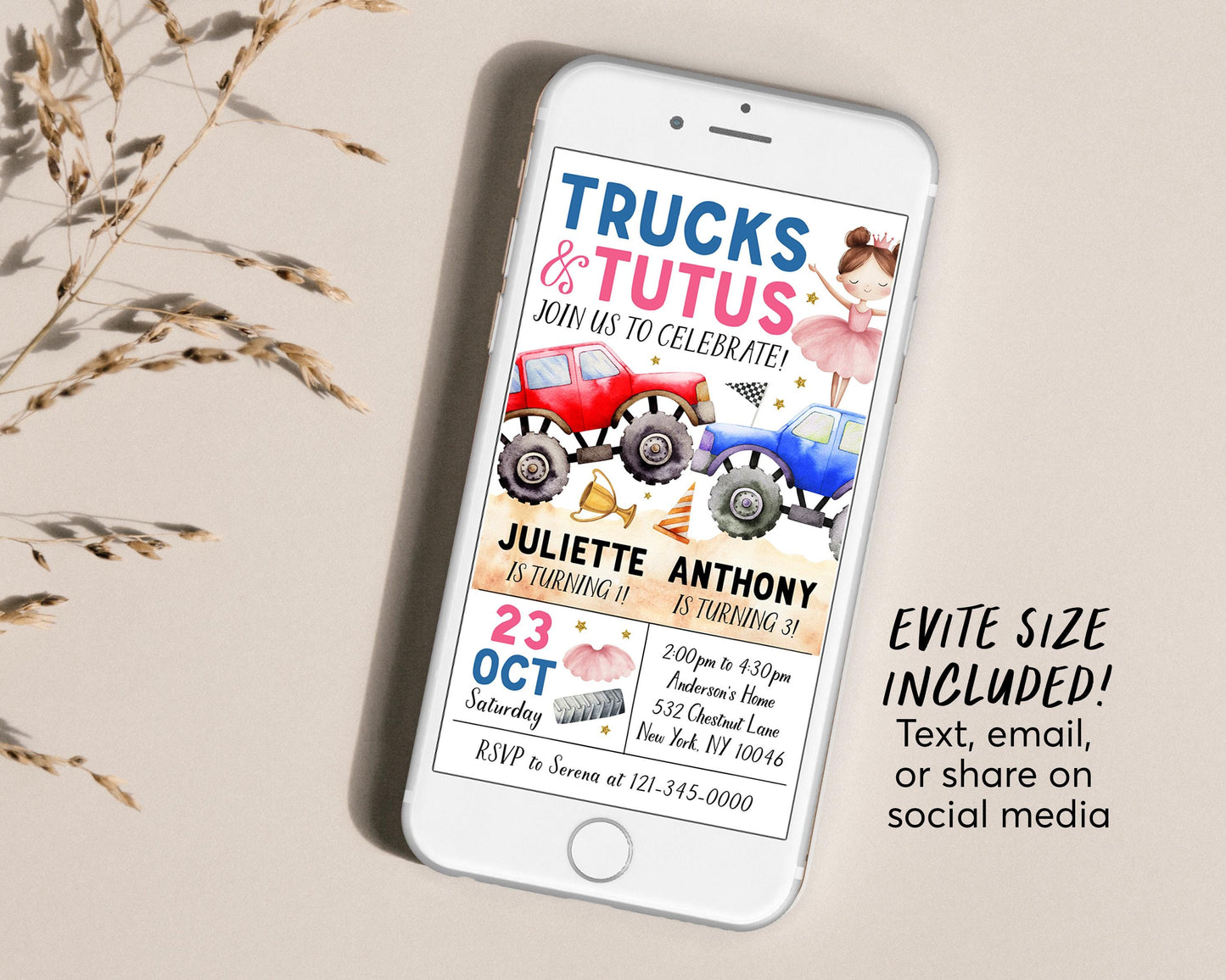 Monster Trucks And Tutus Joint Siblings Birthday Invitation Editable Template, Boy Girl Twins Monster Truck And Ballet Party Invite Evite,