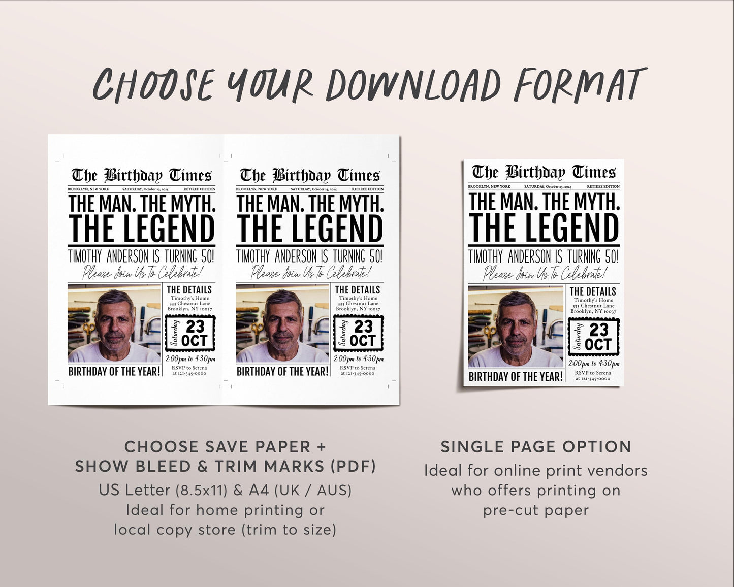 The Man The Myth The Legend Birthday Invitation Editable Template, Newspaper 30th 40th 50th Adult For Men Birthday Party Invite With Photo