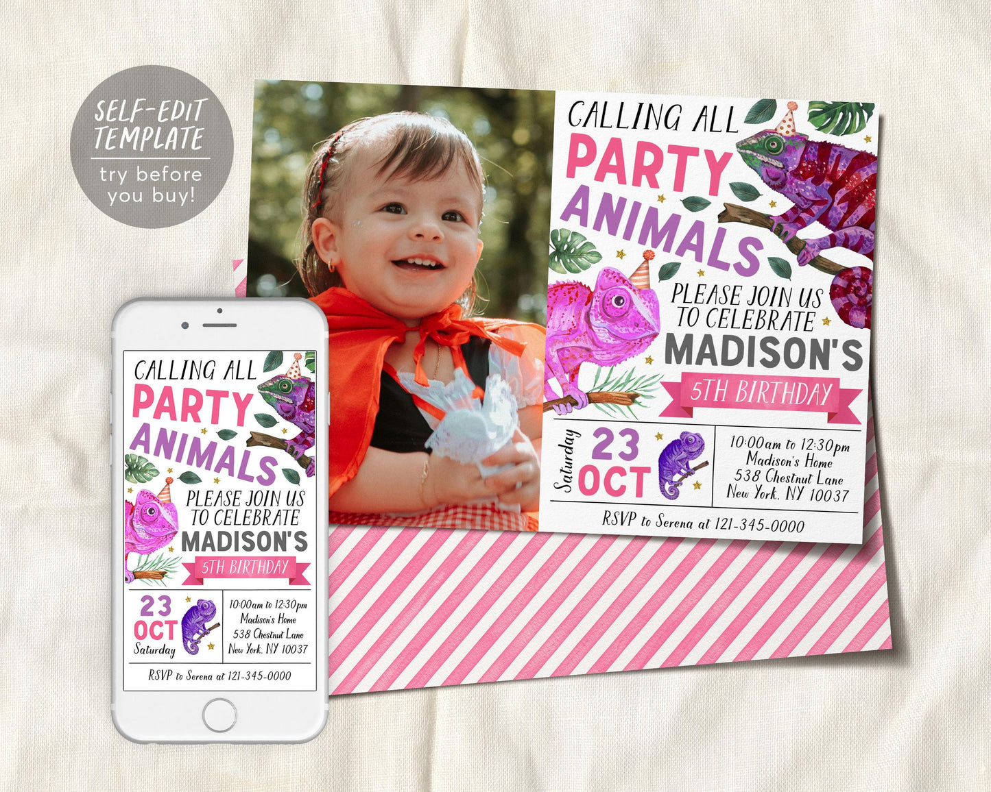 Chameleon Birthday Invitation With Photo Editable Template