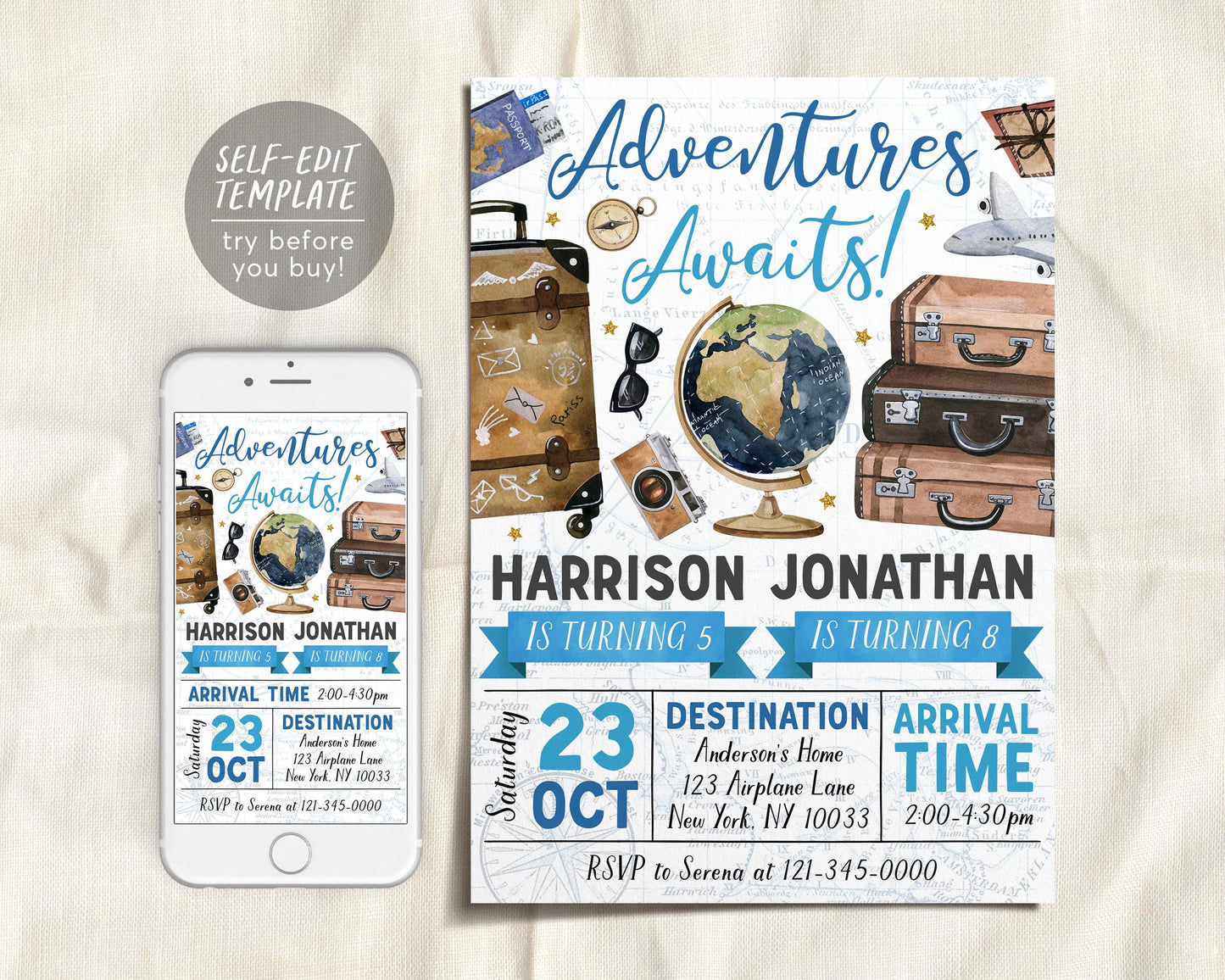 Adventure Awaits Travel Joint Siblings Birthday Invitation Editable Template, Twin Boys Around the World Party Invite, Vintage Map Evite