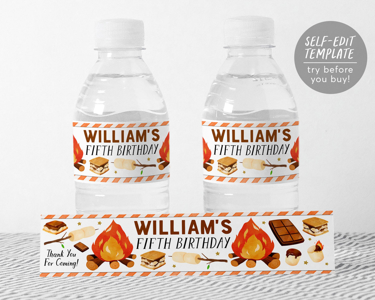 S'mores Party Water Bottle Labels Editable Template
