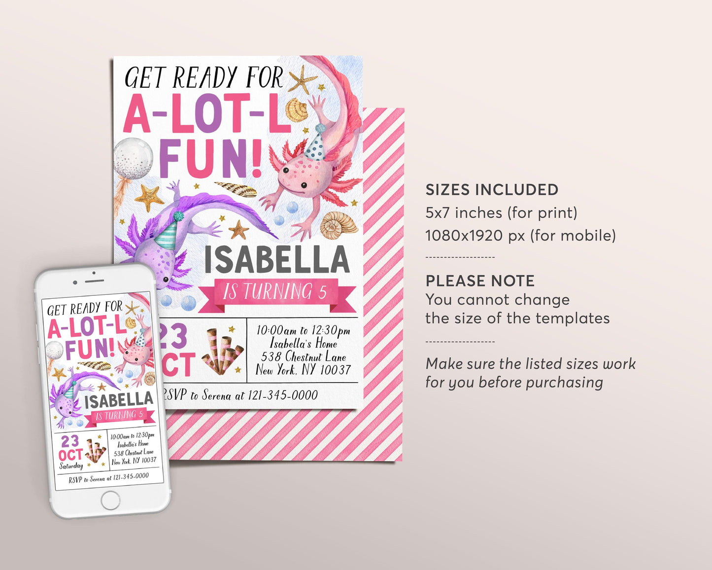 Axolotl Birthday Invitation Editable Template, Girl Axolotl Theme Alotl Fun Party Invite, Under The Sea Lake Evite Seashells Printable