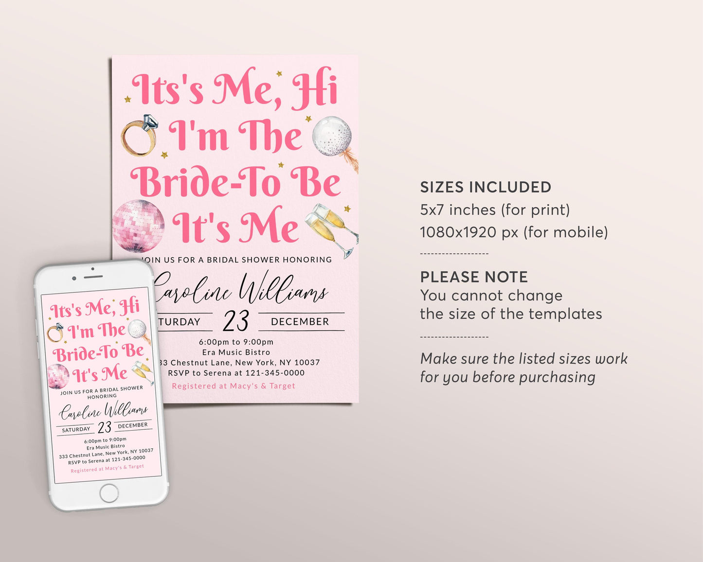 It's Me Hi I'm The Bride To Be Its Me Invitation Editable Template, Eras Bridal Shower Invite, In Her Bride Era Bachelorette Party Evite