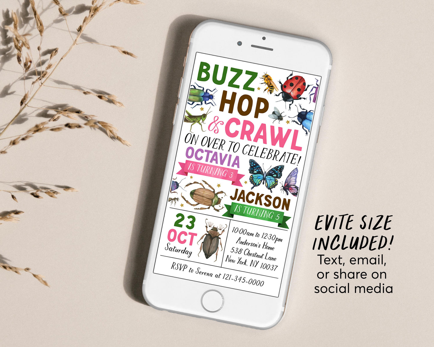 Insect Bugs Joint Siblings Birthday Invitation With Photo Editable Template, Twins Girl Boy Buzz Hop Crawl Party Invite, Kids Bug Hunt Evite