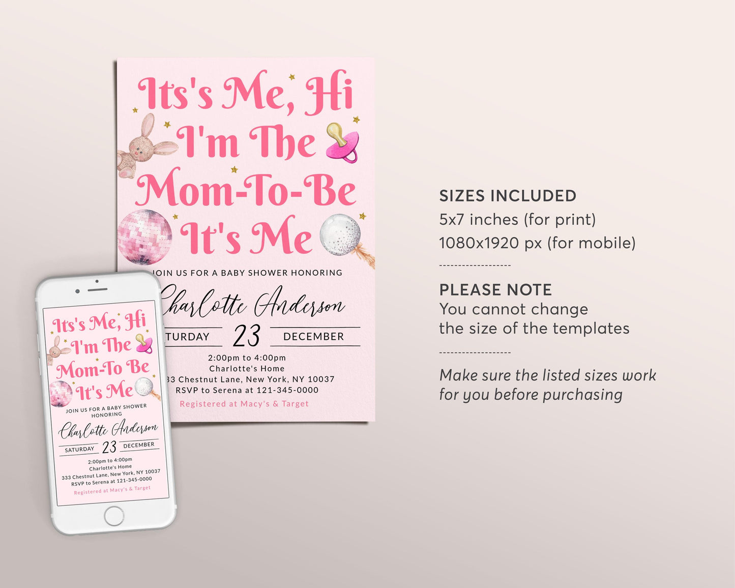 It's Me Hi I'm The Mom To Be Its Me Invitation Editable Template, Eras Baby Shower Invite, In Her Mom Era Baby Sprinkle Party Music Evite