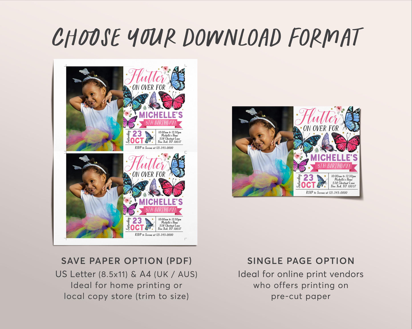 Butterfly Birthday Invitation With Photo Editable Template, Girl Flutter On Over Party Invite, Kids Floral Butterflies Garden Nature Evite