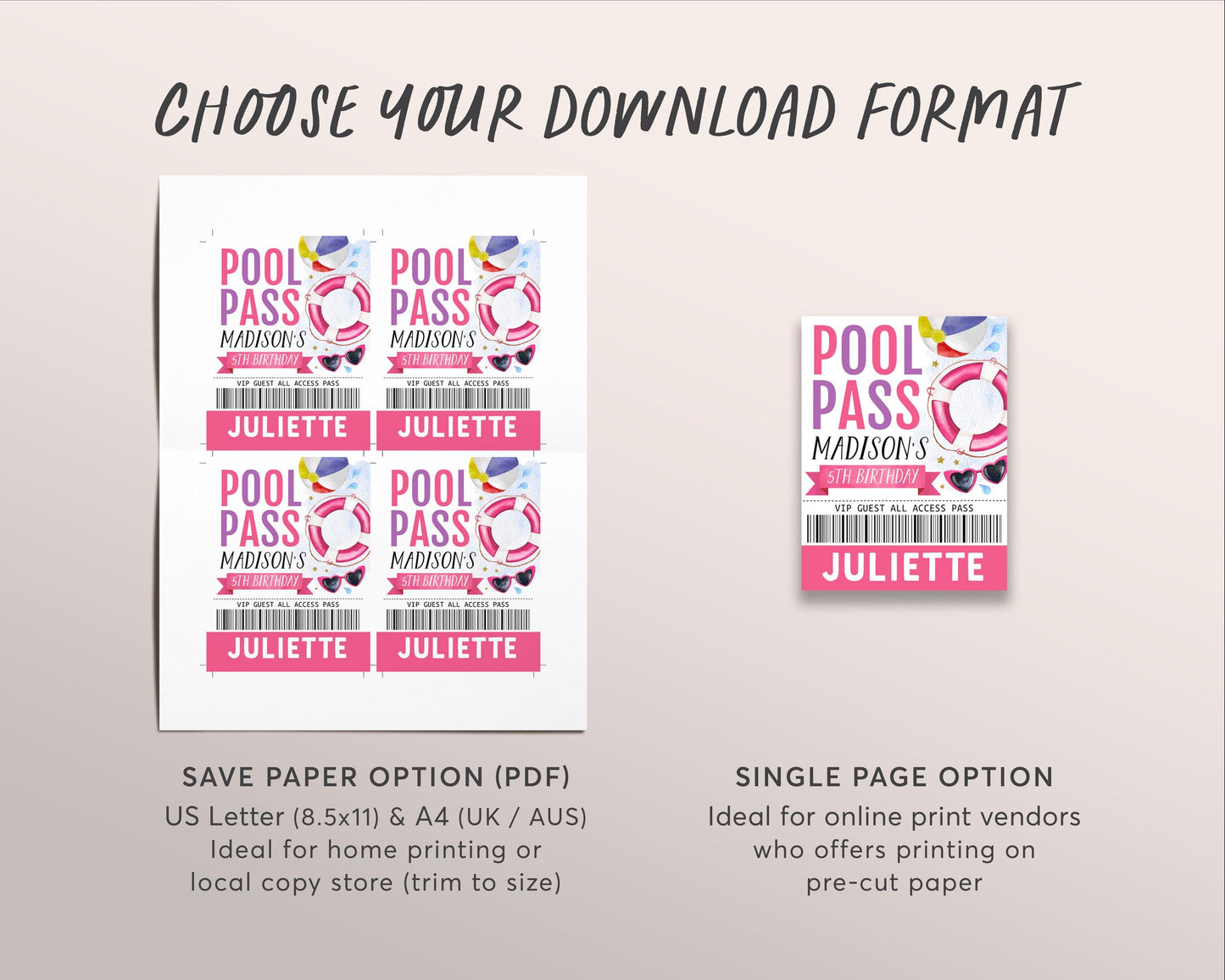 Pool Party Birthday VIP Pass Editable Template, Girl Summer Swimming Pool Pass Party All Access Pass, Guest Name Tag Insert ID Badge Lanyard
