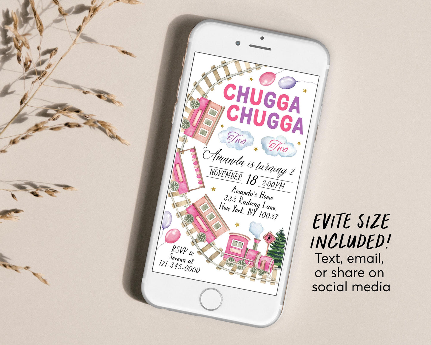 Chugga Two Train Birthday Invitation With Photo Editable Template, Girl Chugga Choo Train 2nd Birthday Boarding Pass Party Invite Evite