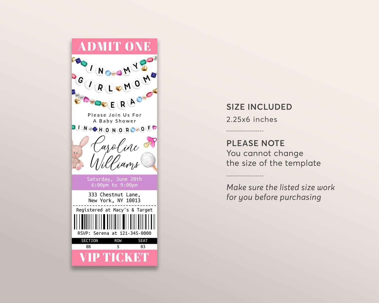 In My Girl Mom Era Baby Shower Ticket Invitation Editable Template, Friendship Bracelet Baby Sprinkle Party Invite, Eras New Mom To Be Evite