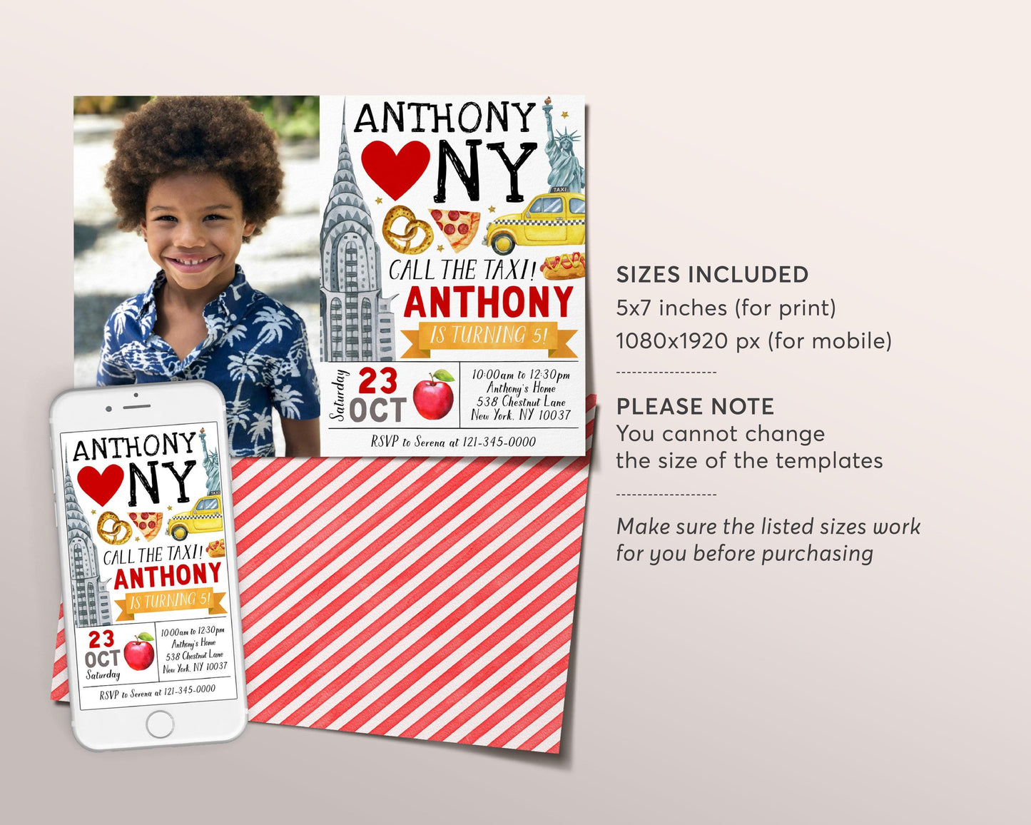 New York City Birthday Invitation With Photo Editable Template, Unisex NYC Party Invite, Big Apple Kids Tween Teen Evite, Pretzel Pizza Taxi
