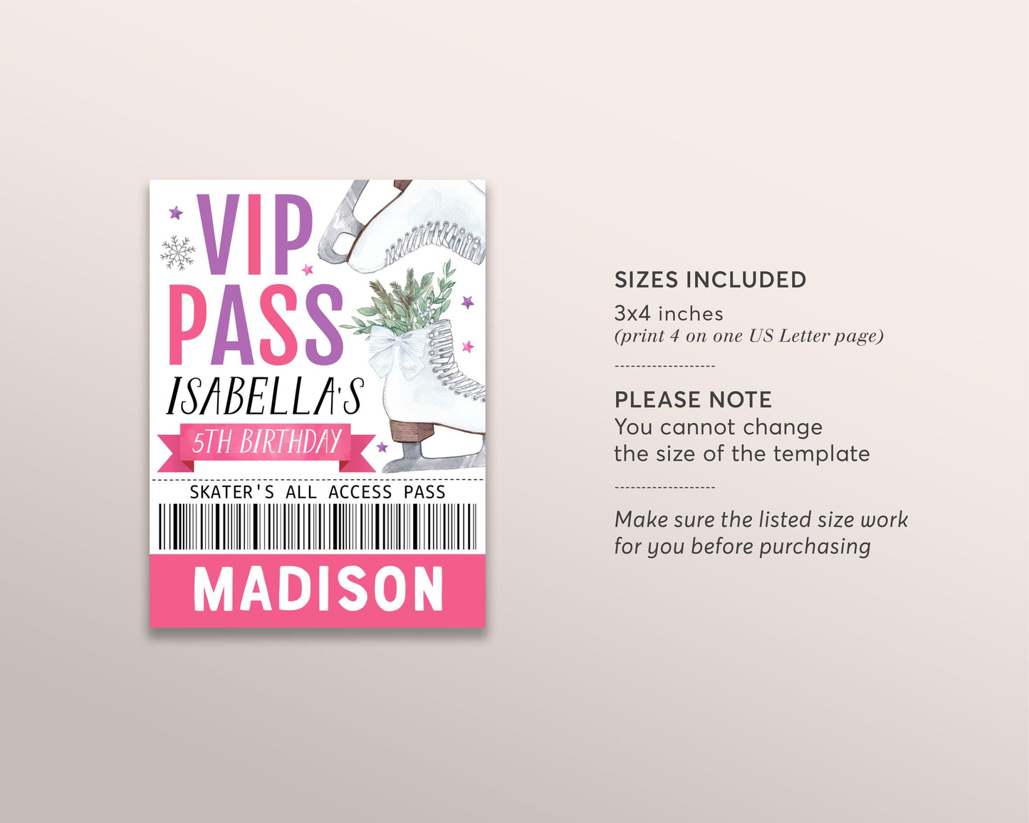 Ice Skating Birthday All Star VIP Pass Editable Template, Girl Figure Skating Rink Party All Access Pass, Guest Name Tag Insert ID Badge