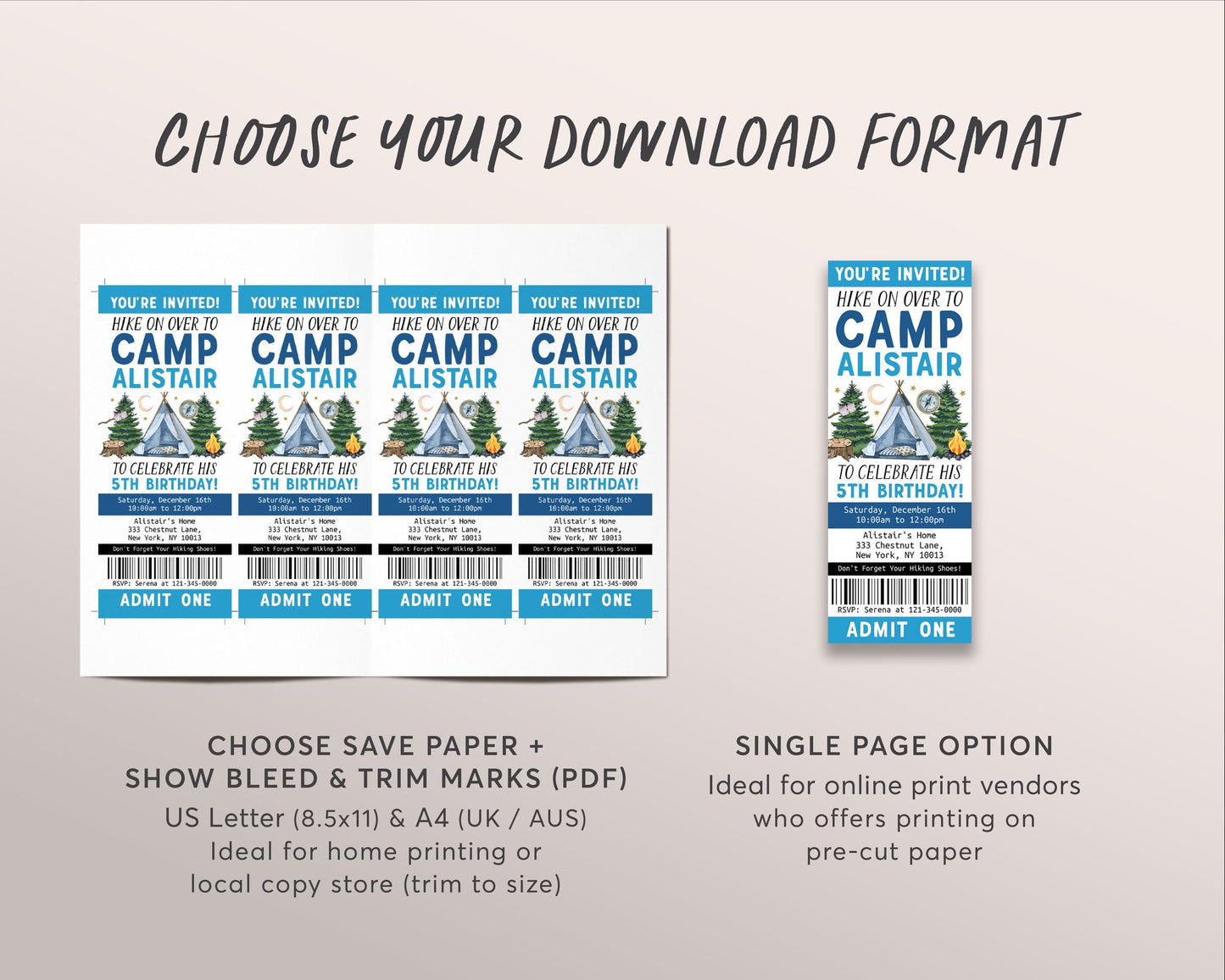 Camping Birthday Ticket Invitation Editable Template, Boy Outdoor Camp Out Party Invite, Kids Tent Sleepover Hiking Bonfire Adventure Evite