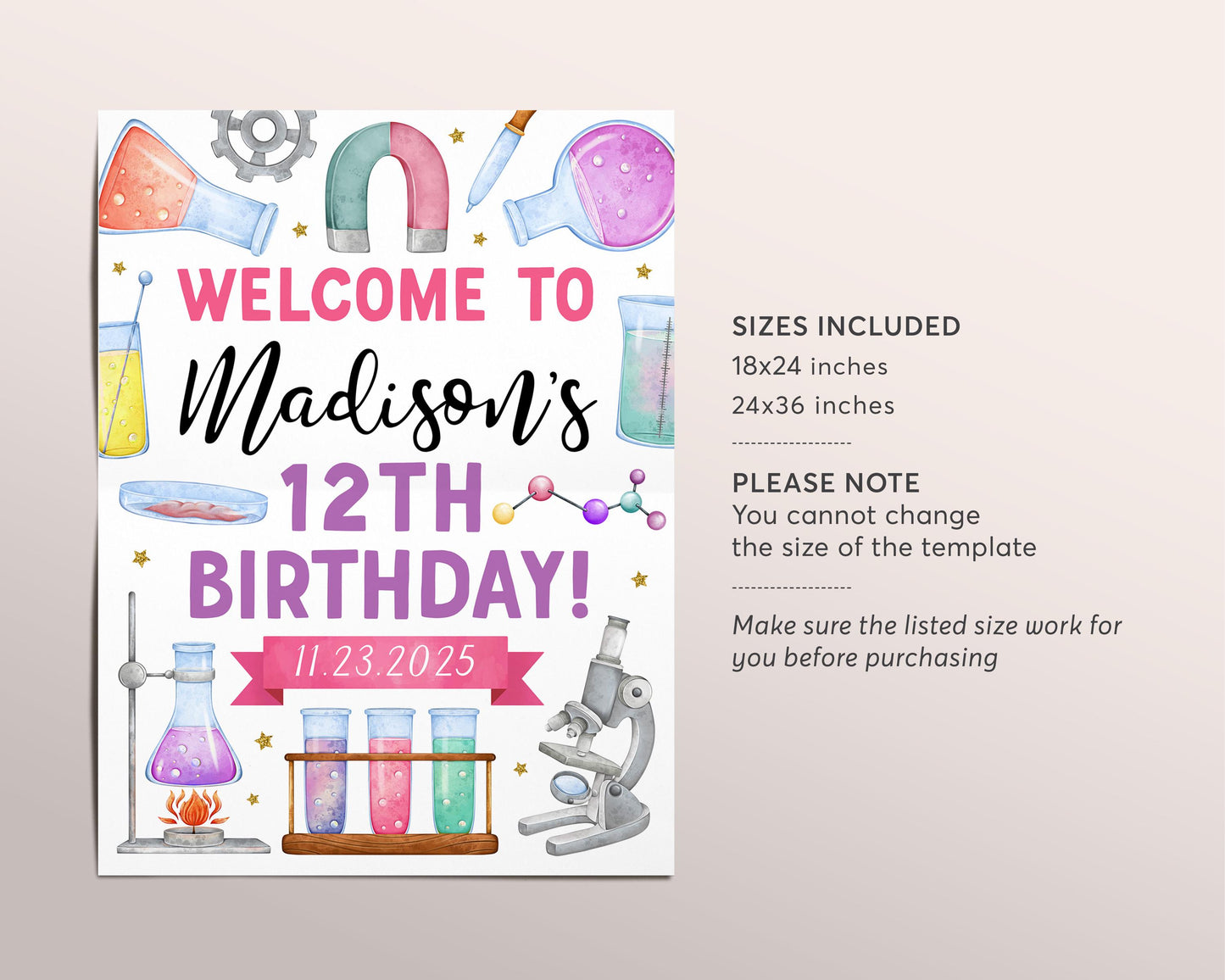 Science Theme Birthday Welcome Sign Editable Template, Girl Birthday Experiment Party Poster, Kids Science Lab Scientific Poster Printable