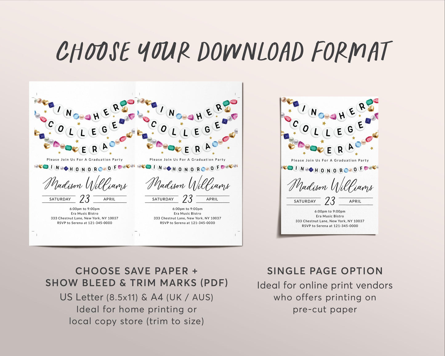 In Her College Era Invitation Editable Template, Graduation Announcement Friendship Bracelet Party Invite, Graduating Class School Evite