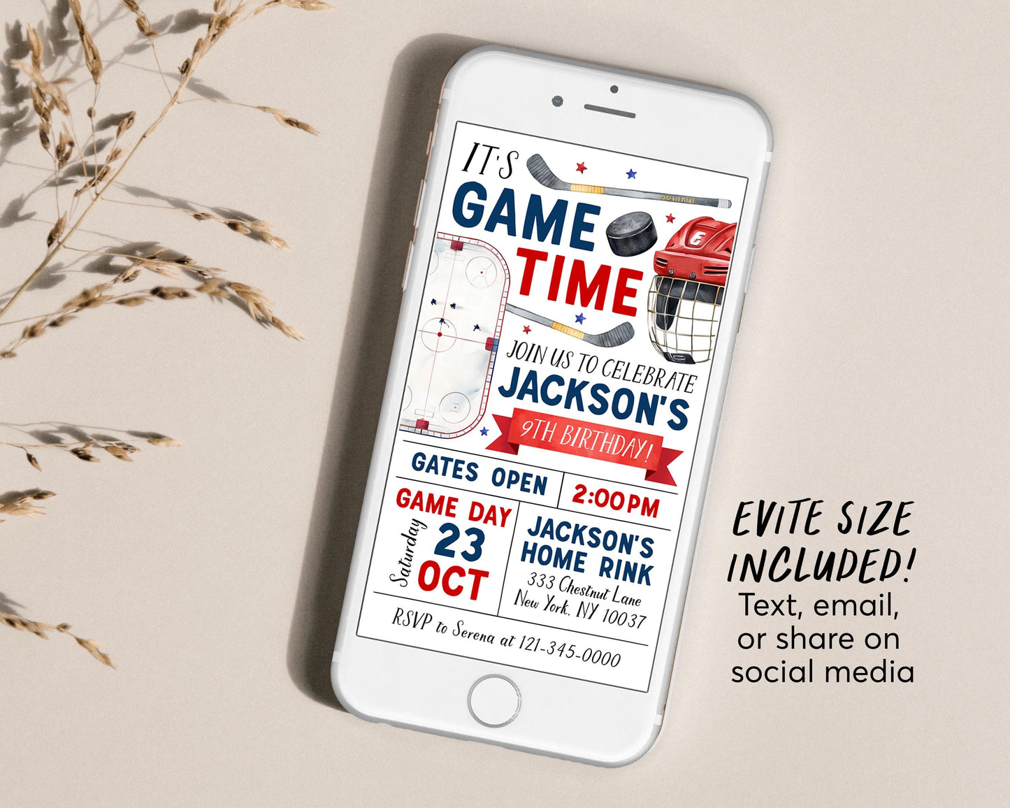 Ice Hockey Birthday Invitation Editable Template, Boy Ice Skating Rink Hockey Theme Invite, Sports It's Game Time Puck Stick Helmet Evite