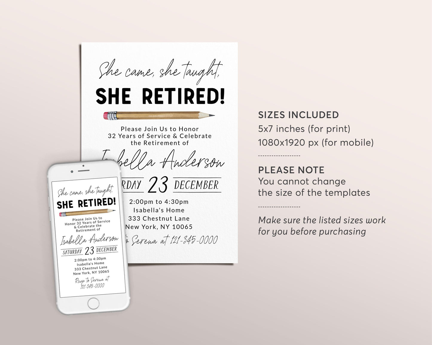 Teacher Retirement Party Invitation Editable Template, She Came She Taught She Retired Party Invite, Surprise Elementary Retirement Evite