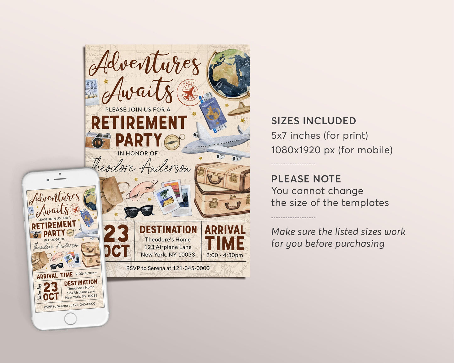 Travel Retirement Invitation Editable Template, Adventure Awaits Retirement Farewell Party Invite, Vintage Map Airplane Luggage Globe Evite