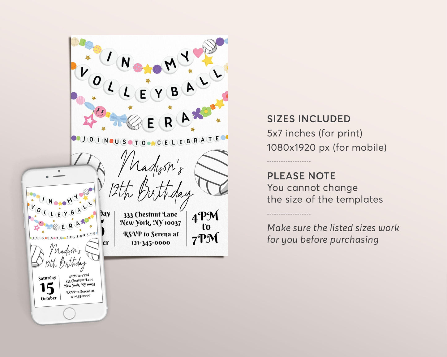 In My Volleyball Era Birthday Invitation Editable Template, Volleyball Friendship Bracelet Party Invite, Sports Game Tournament Eras Evite