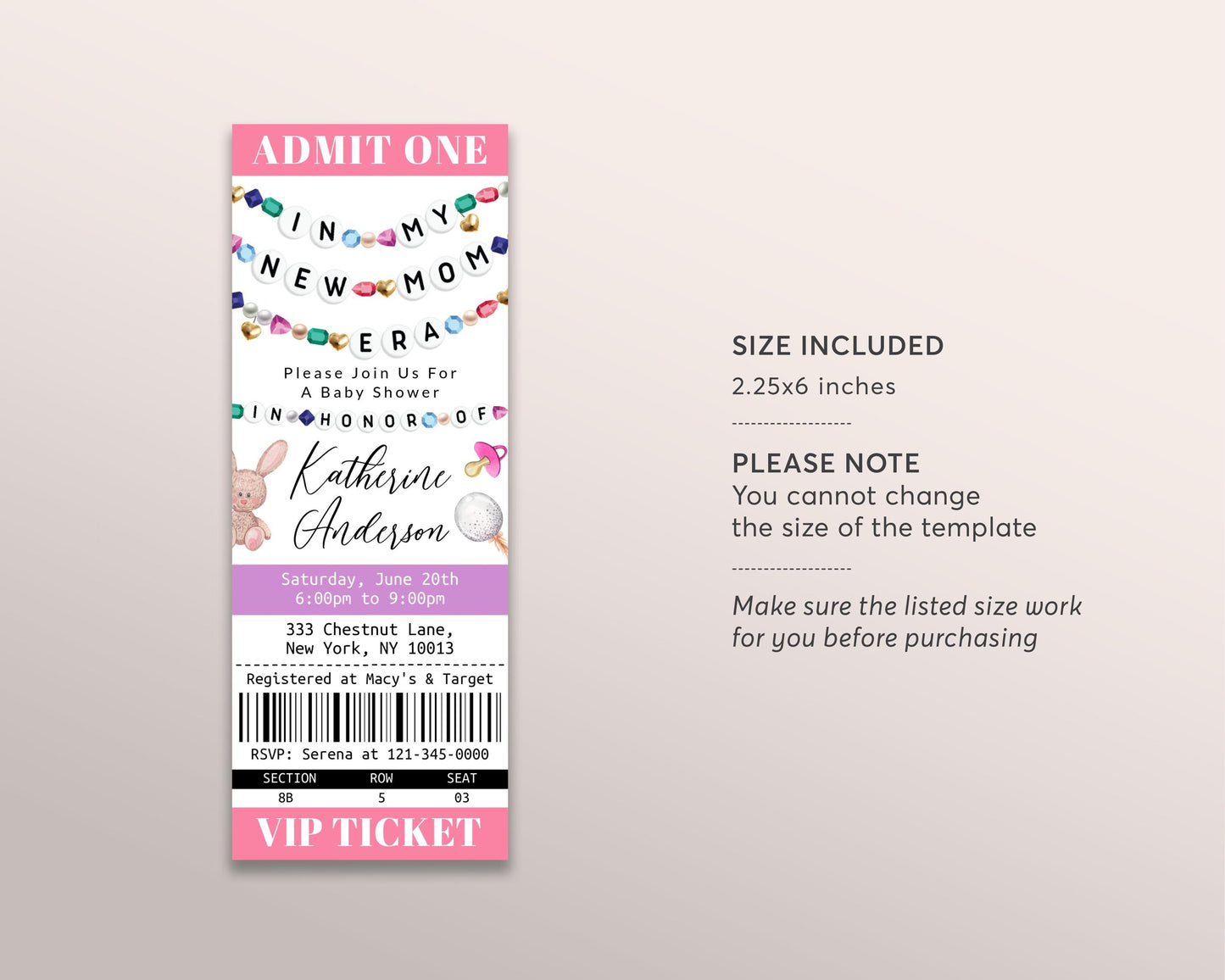 In My New Mom Era Baby Shower Ticket Invitation Editable Template, Friendship Bracelet Baby Sprinkle Party Invite, Eras Girl Mom To Be Evite