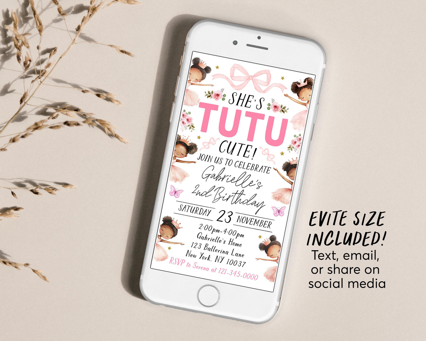 Tutu Cute 2nd Birthday Invitation With Photo Editable Template, Black Ballerina Second Birthday Invite, Pink Ballet Dance Floral Bow Evite