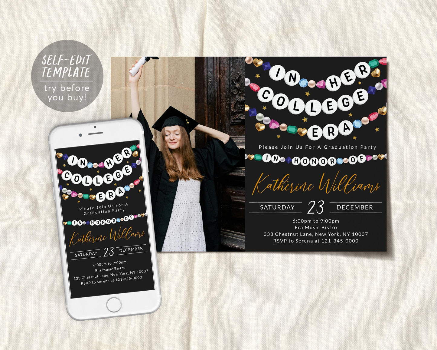 In Her College Era Invitation With Photo Editable Template