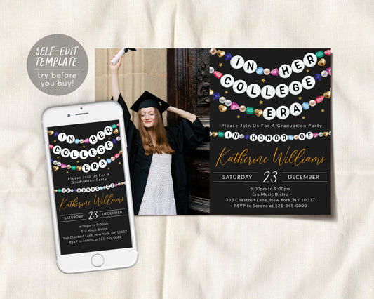 In Her College Era Invitation With Photo Editable Template