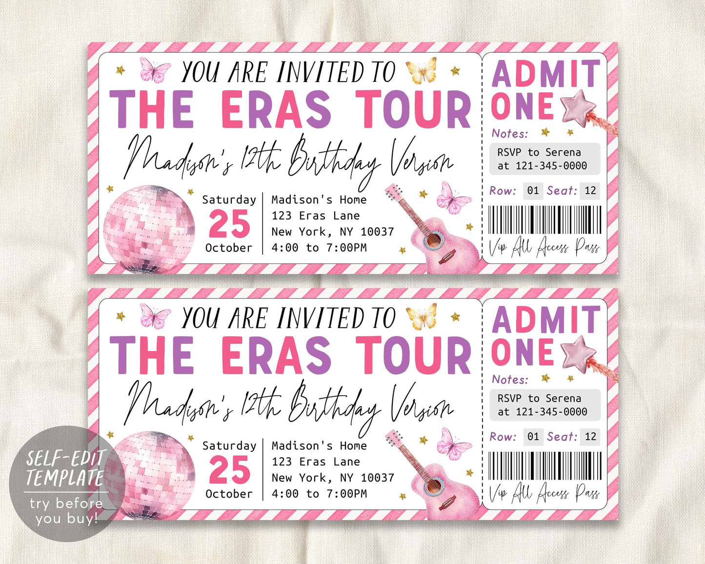 Eras Birthday Ticket Invitation Editable Template