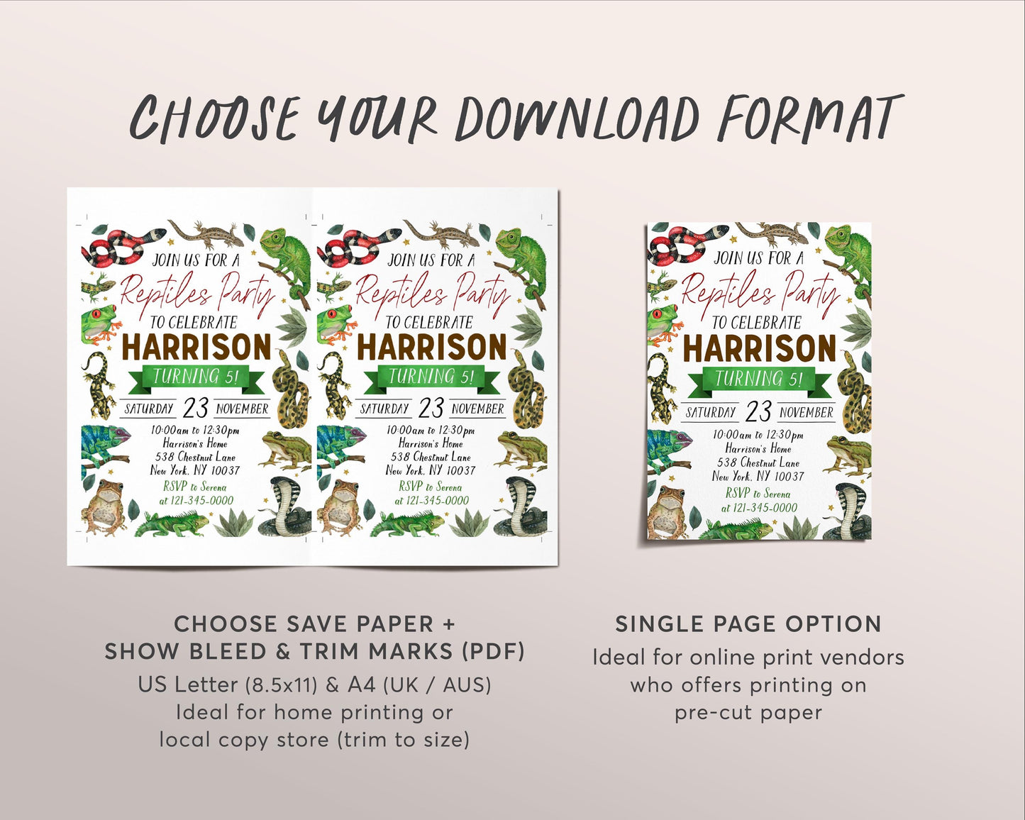 Reptiles Birthday Invitation Editable Template, Boy Reptile Nature Theme Party Invite, Kids Snake Lizard Frog Creepy Crawly Outdoor Evite