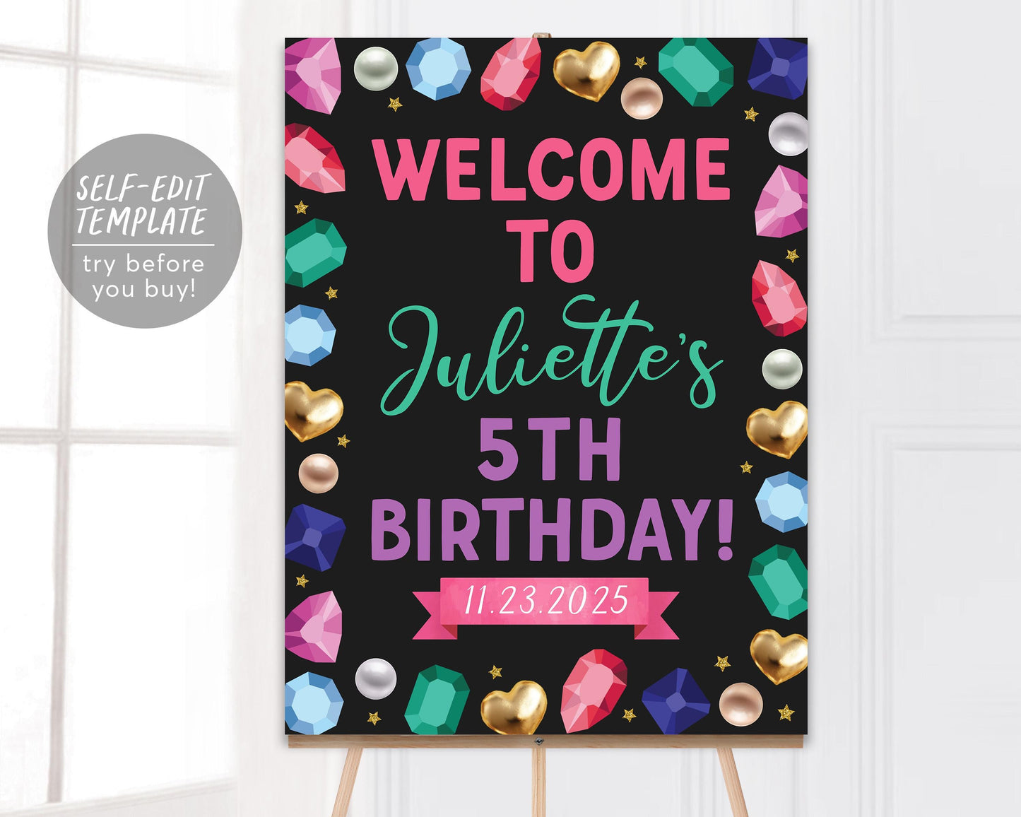 Gems Birthday Welcome Sign Editable Template