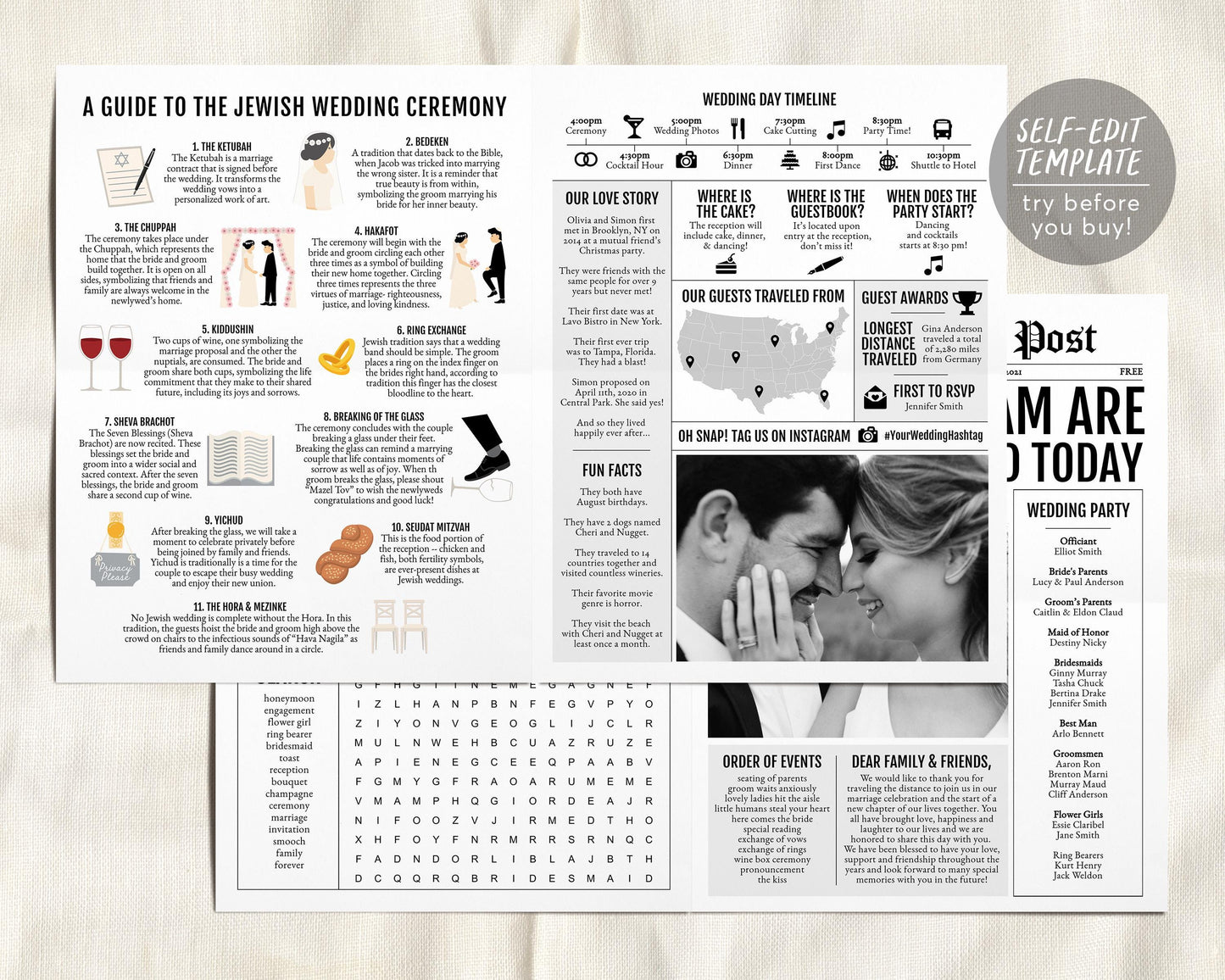 Large Newspaper Jewish Wedding Program Editable Template, Folded Jewish Wedding Ceremony Steps Guide Infographic, Religious Wedding Ritual