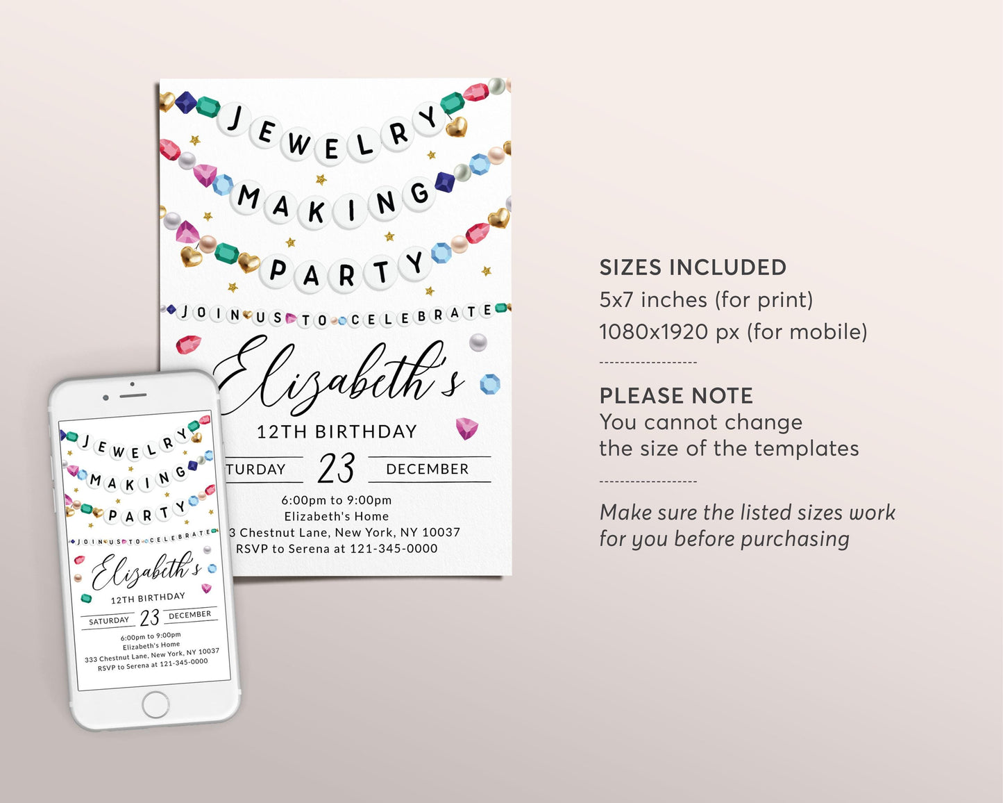 Jewelry Making Party Birthday Invitation Editable Template, Bracelet Making Workshop Party Invite, Friendship Bracelet Beads Gems Evite