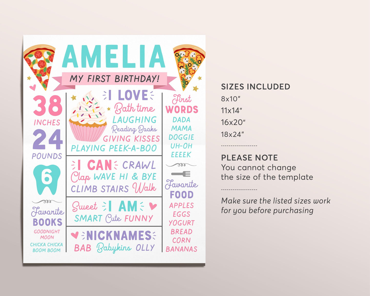 Pizza and Cupcakes Milestone Sign Editable Template, 1st First Birthday Milestone Board, Pizza Party Themed First Birthday Party Pastel Sign