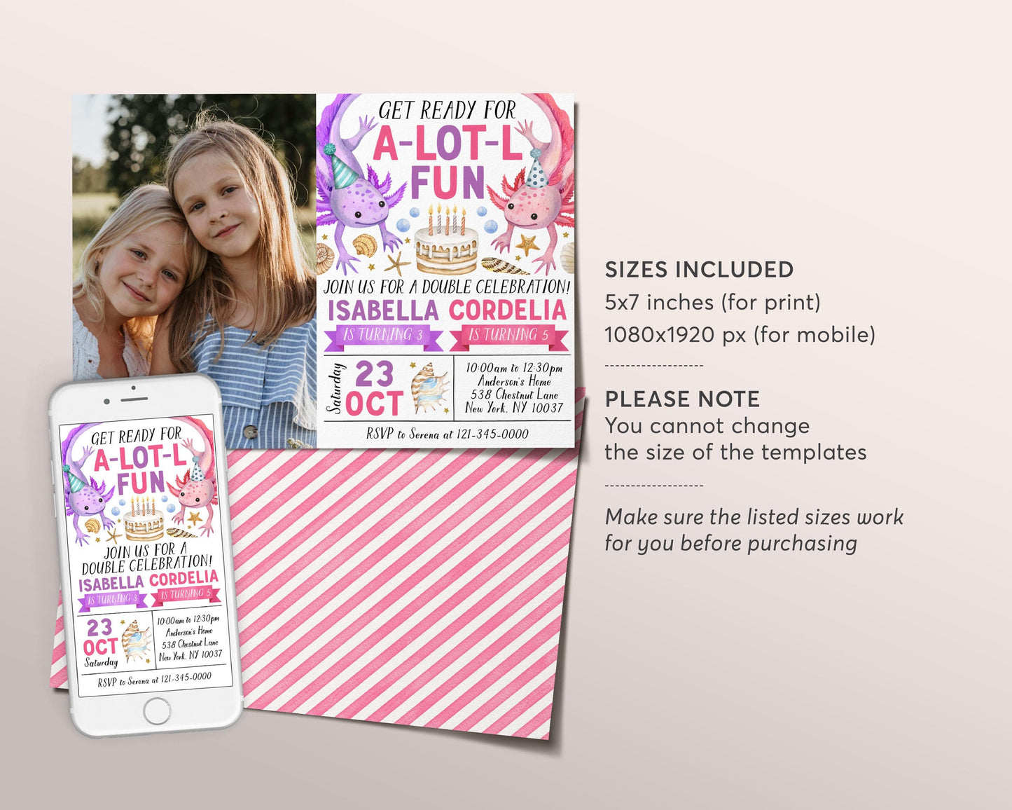 Axolotl Joint Siblings Birthday Invitation With Photo Editable Template, Sisters Twins Axolotl Alotl Fun Party Invite, Under The Sea Evite