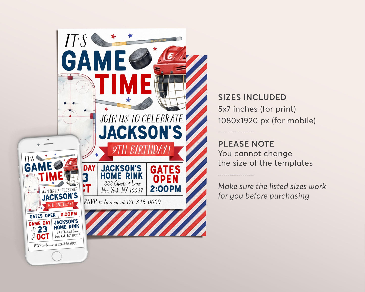 Ice Hockey Birthday Invitation Editable Template, Boy Ice Skating Rink Hockey Theme Invite, Sports It's Game Time Puck Stick Helmet Evite